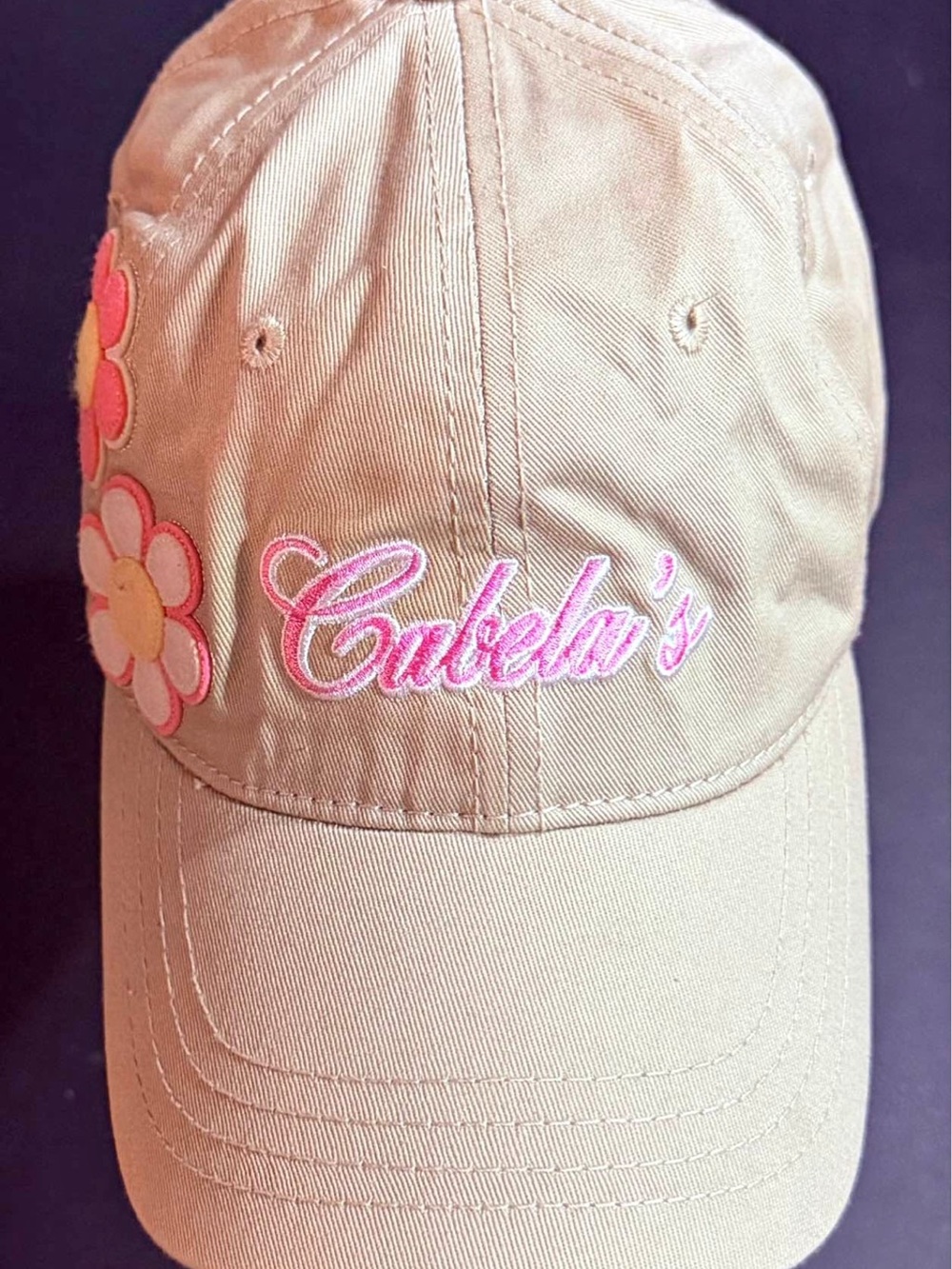Cabela's Beige Cap with Pink Embroidered Logo and Floral Accents